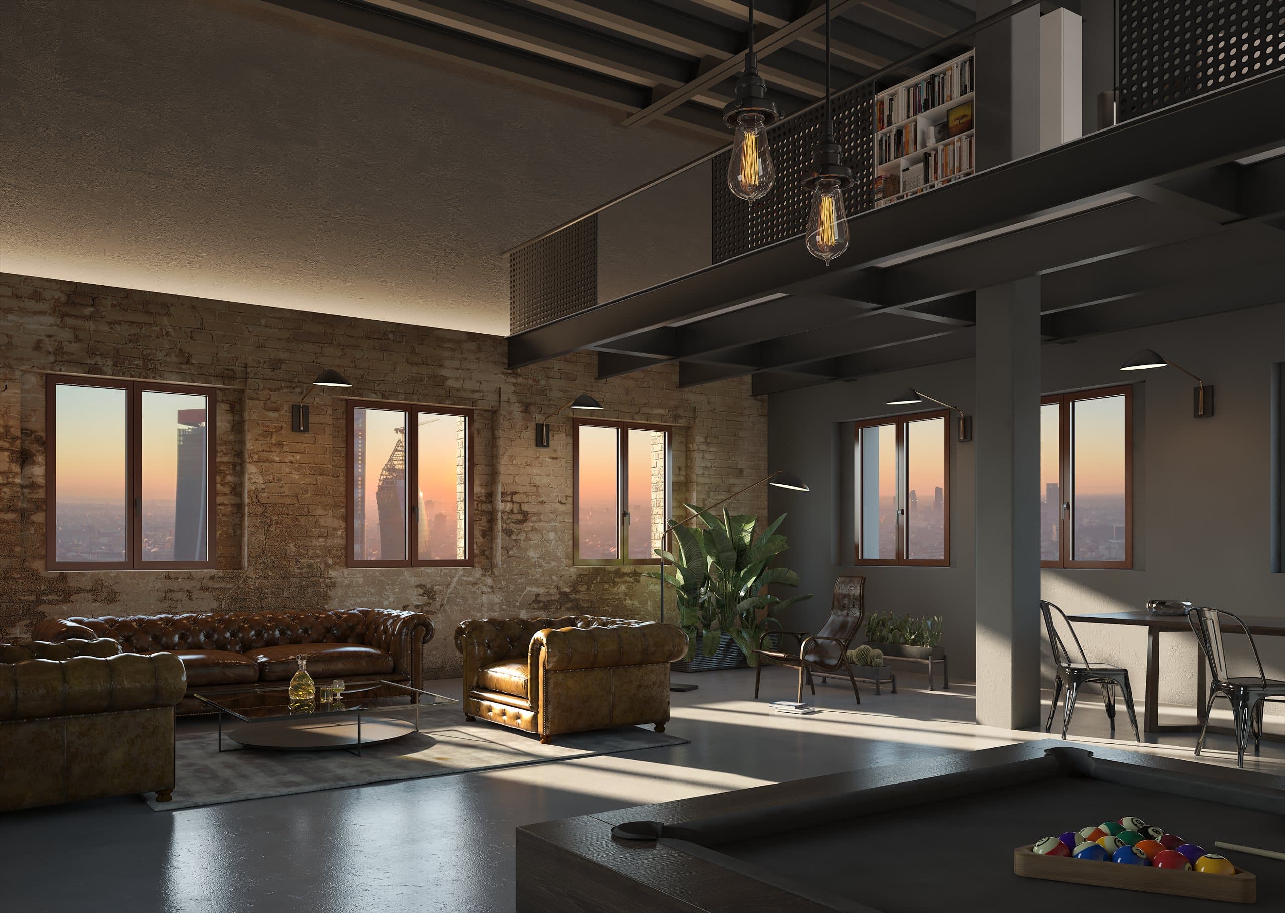 Serramenti in alluminio installati in loft con vista sullo skyline di Milano