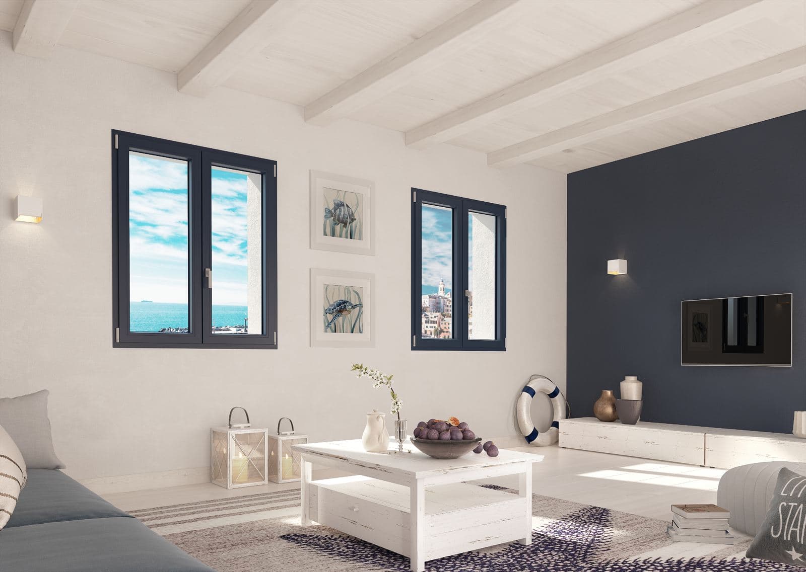Soggiorno mediterraneo con serramenti PVC antracite e vista mare
