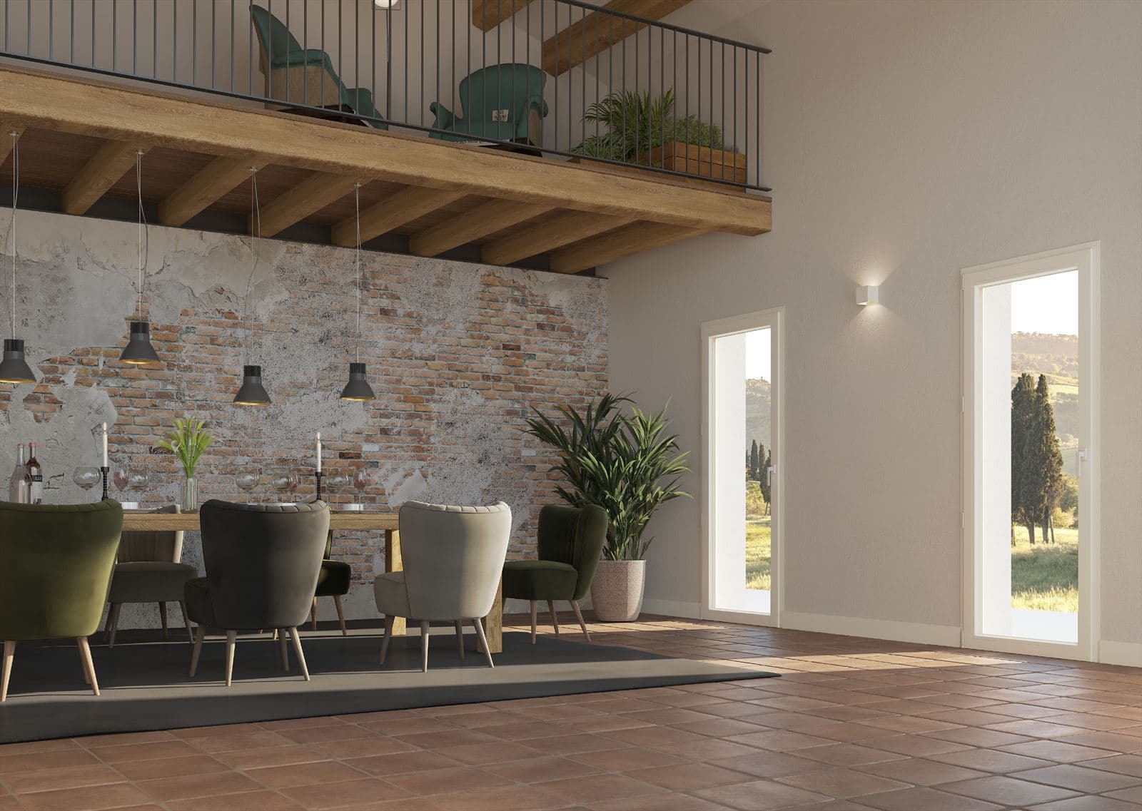 Sala da pranzo country toscana con serramenti PVC bianchi