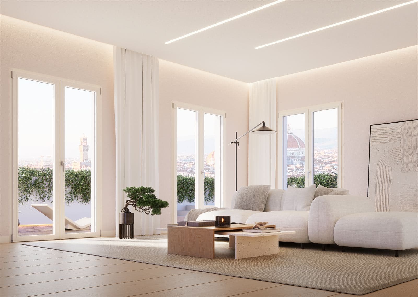 Soggiorno minimal con serramenti PVC bianchi e vista panoramica