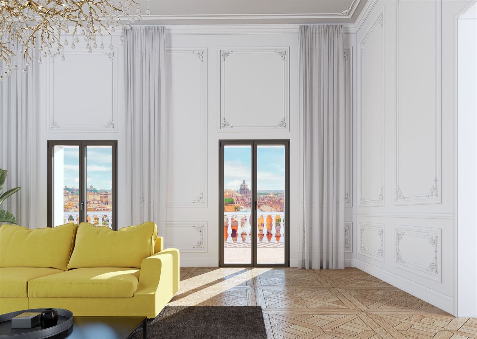 Appartamento classico con serramenti PVC antracite e parquet a quadri