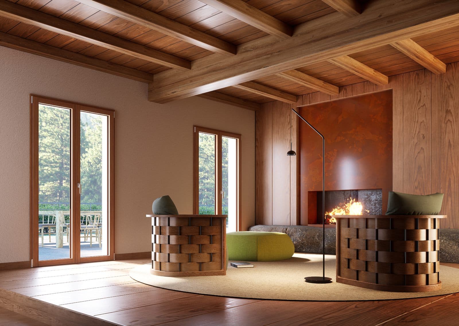 Serramenti in legno-alluminio installati in chalet con camino