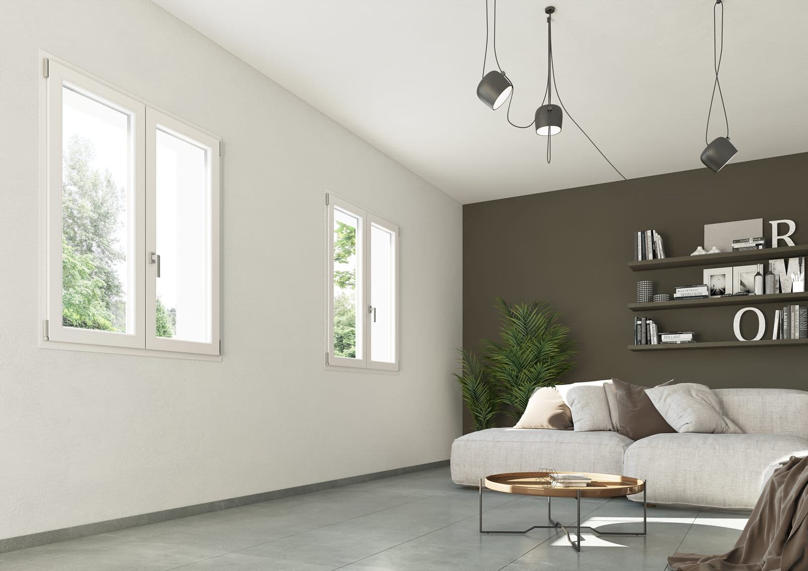 Serramenti in PVC bianchi installati in soggiorno moderno